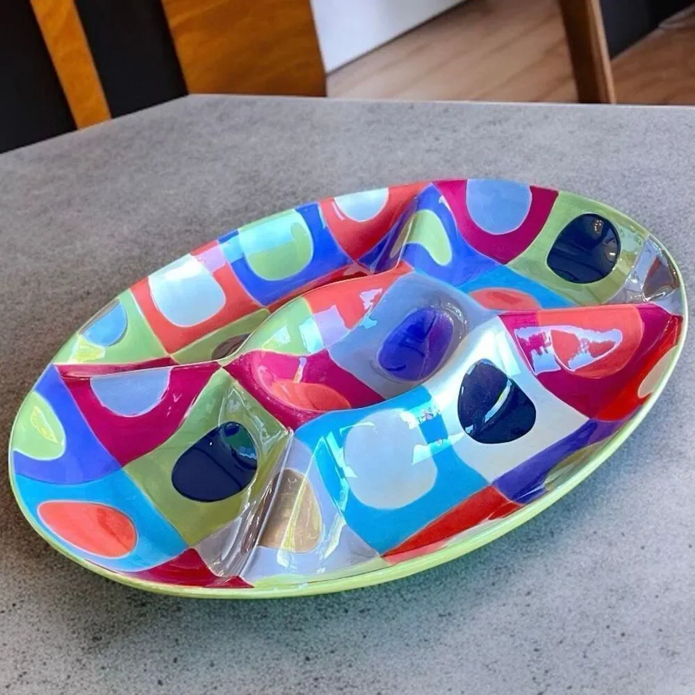 NWT Colorful Pier1 Urban Dot 5 Divided Oval Relish Chip Dip Serving Tray Platter
